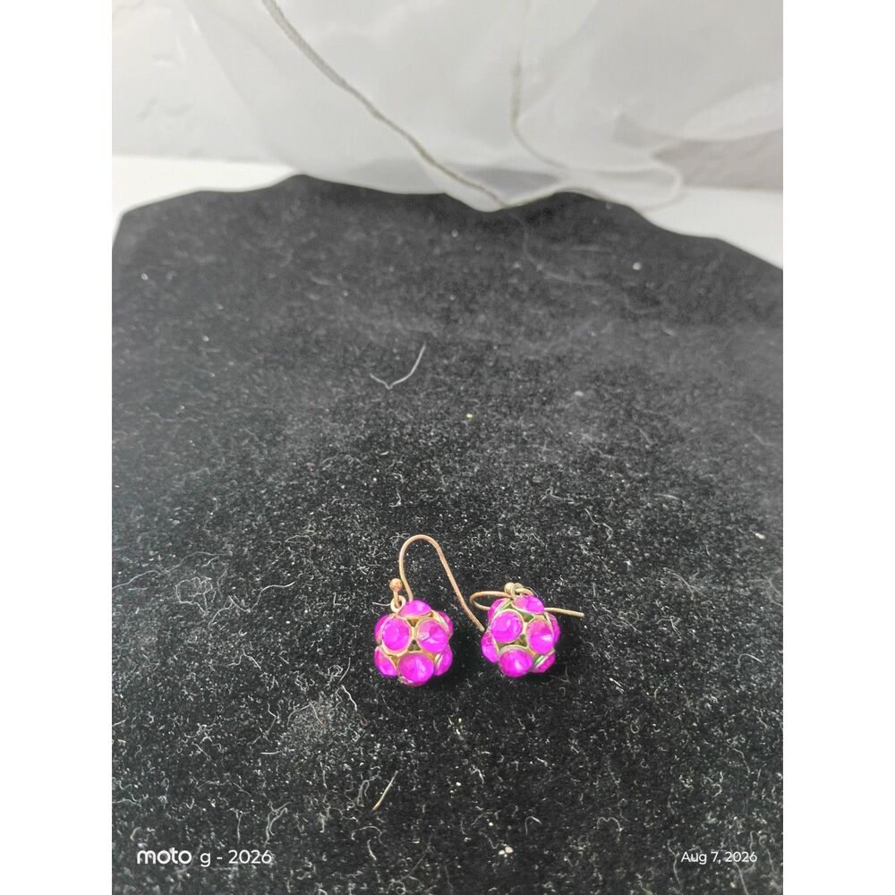 Sparkly Pink Purple Crystal Ball Drop Earrings Gold Tone Wire Hook